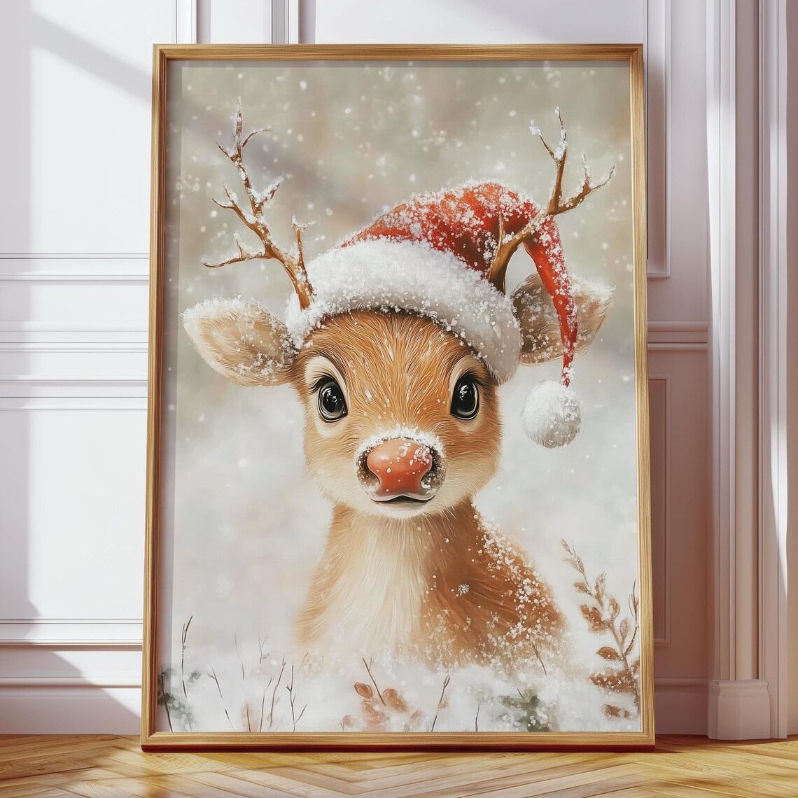 Cute Baby Reindeer Wearing Santa Hat with Red Nose in Snow Poster - Image 4