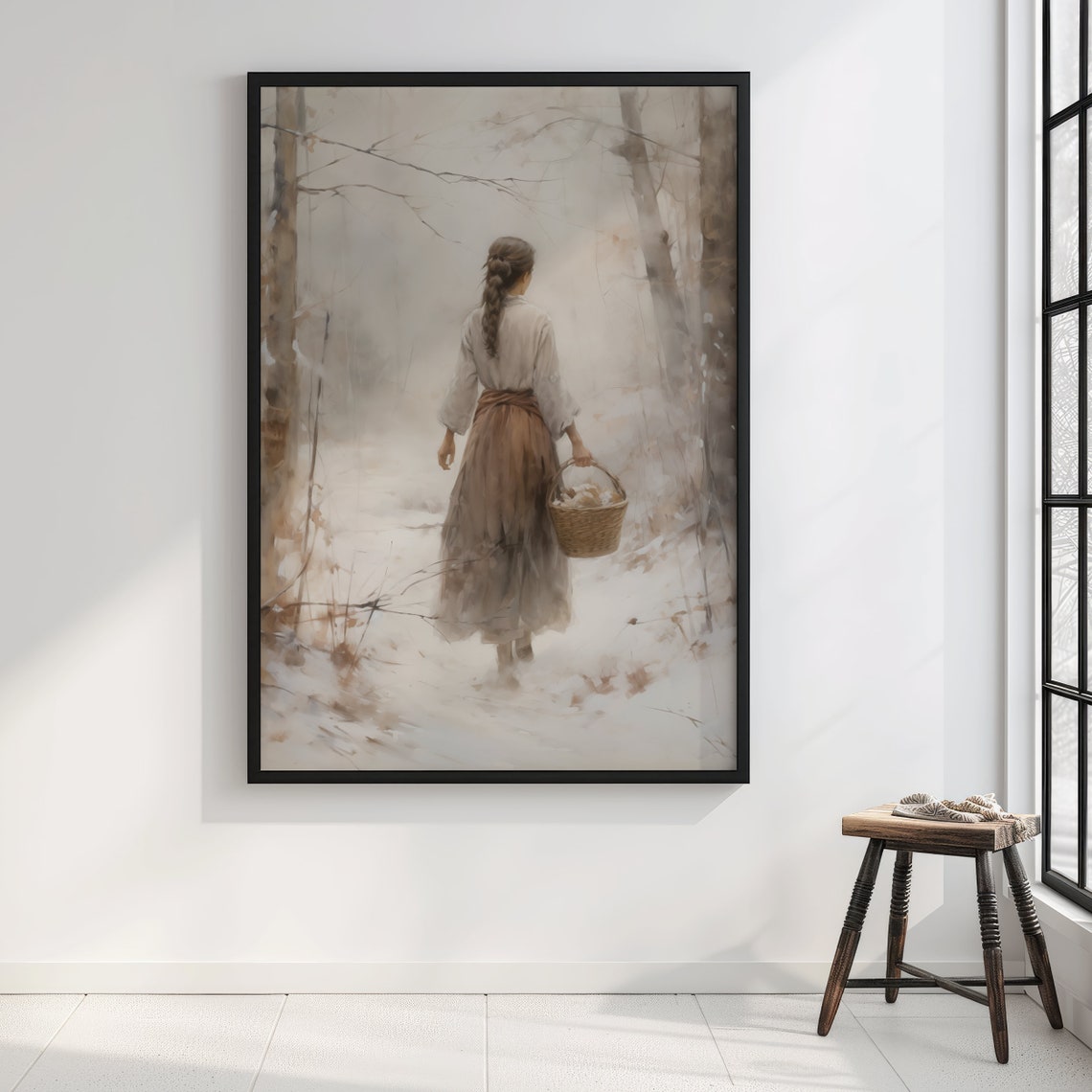 Woman Walking Snowy Forest with Basket Soft Watercolor Art Poster - Image 2