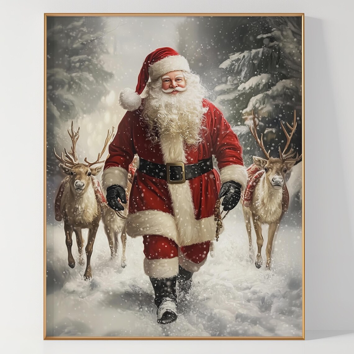 Santa Claus Walking with Reindeer in Snow Christmas Art Poster