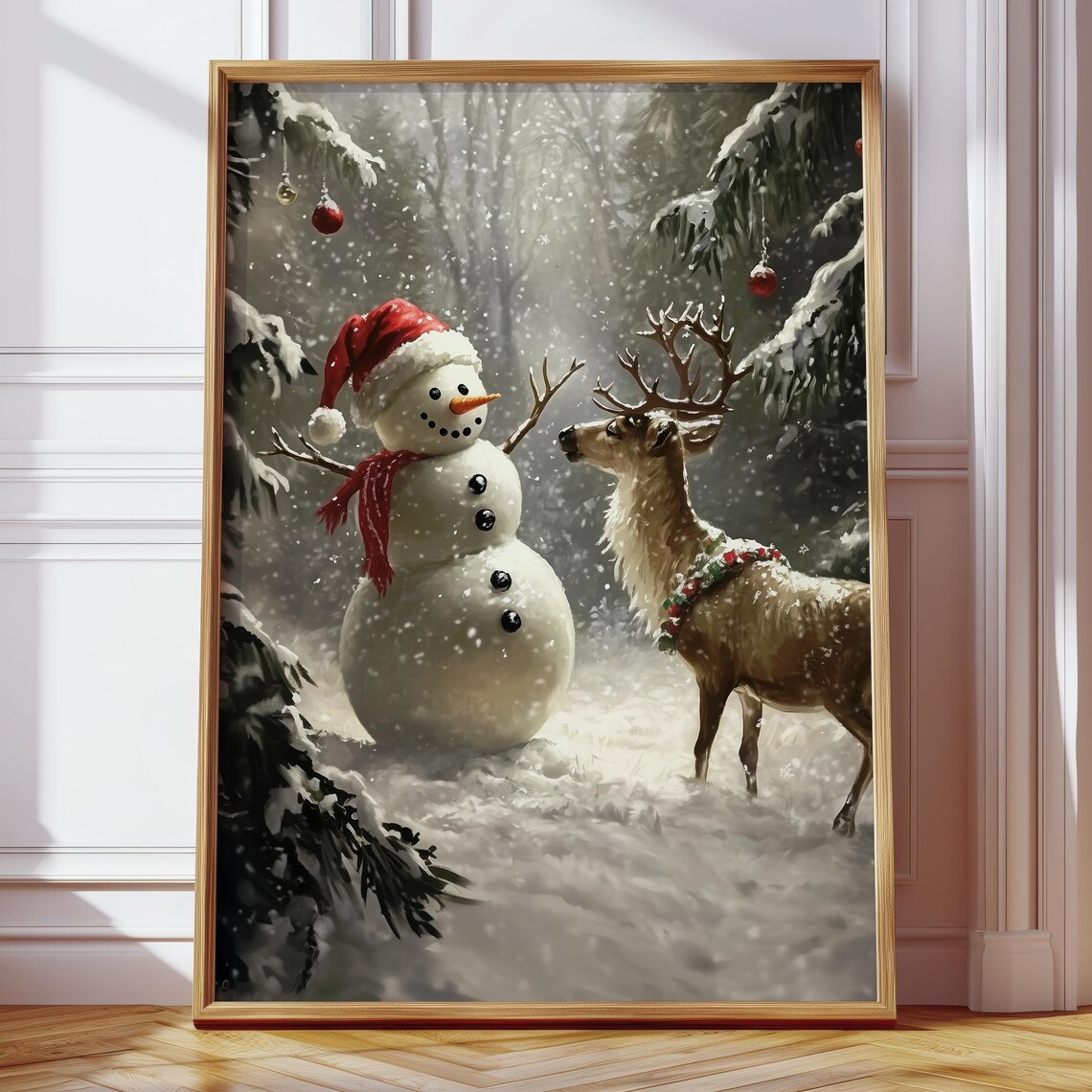 Cheerful Snowman and Reindeer Friends Meeting in Snowy Forest Poster - Image 4