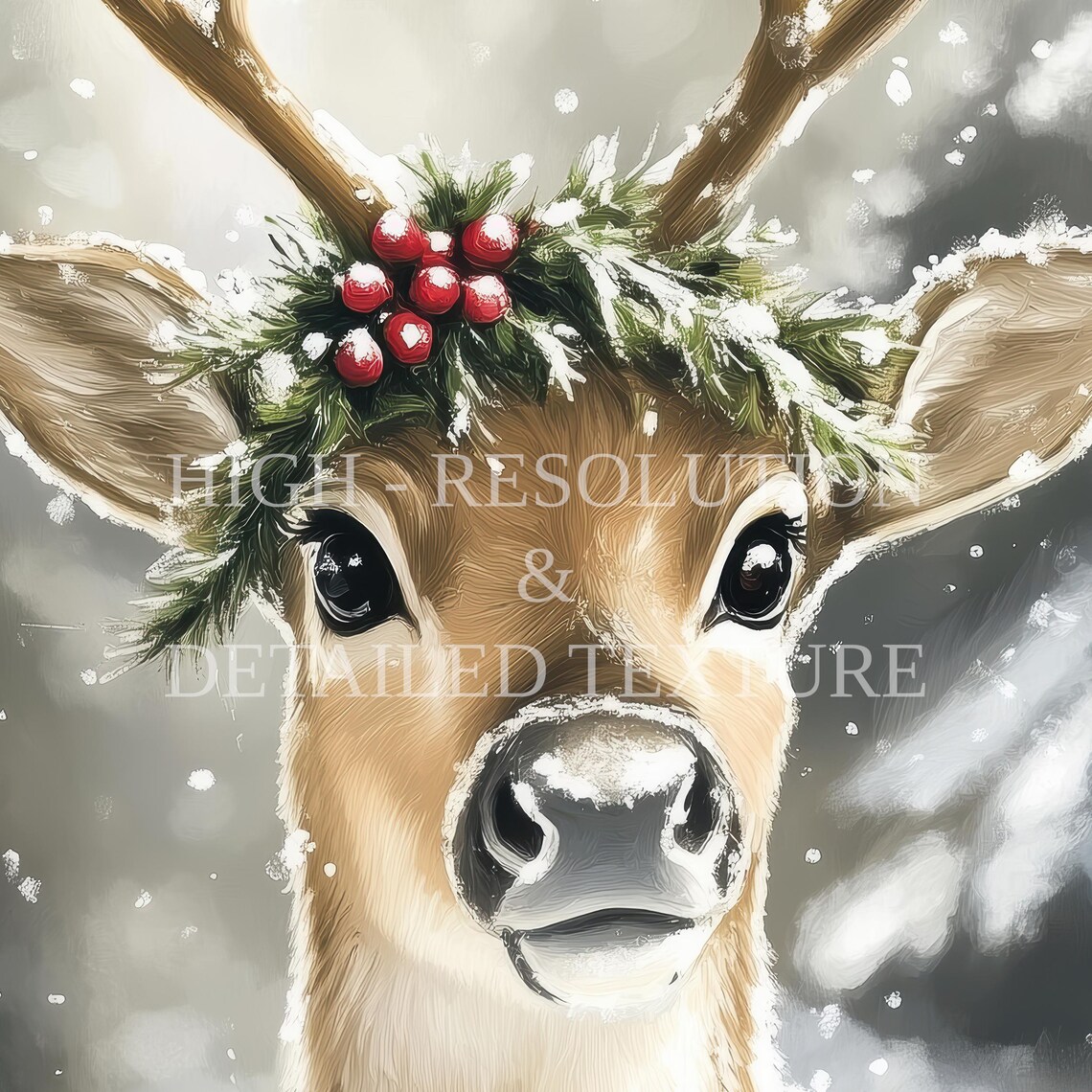 Snowman and Reindeer in Falling Snow Christmas Art Painting Poster - Image 3