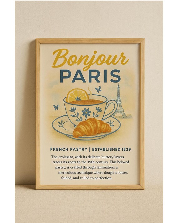 Bonjour Paris French Pastry Croissant Cafe Vintage Style Poster