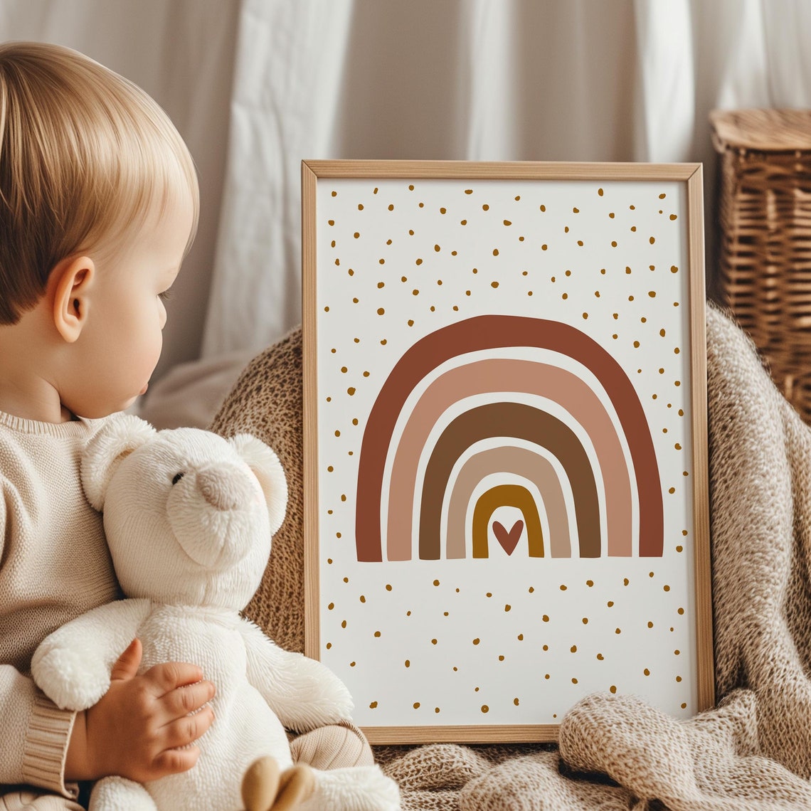 Boho Rainbow Heart Neutral Nursery Kids Room Decorative Poster