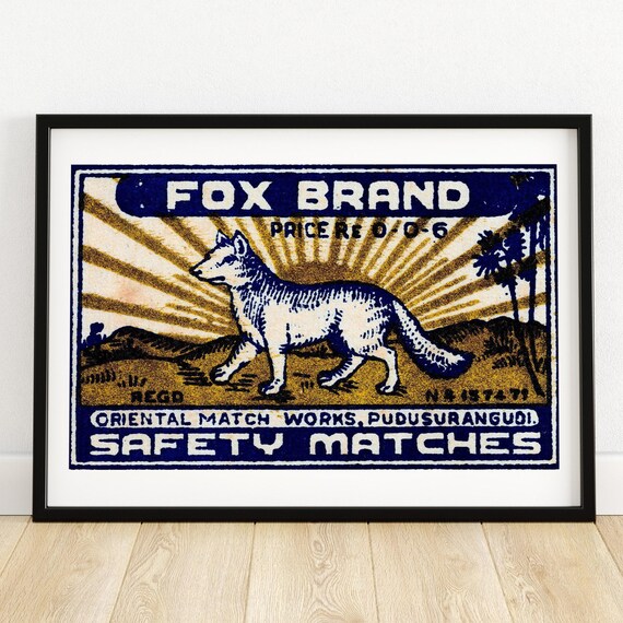 Fox Brand Safety Matches Vintage White Fox Sunburst Label Poster