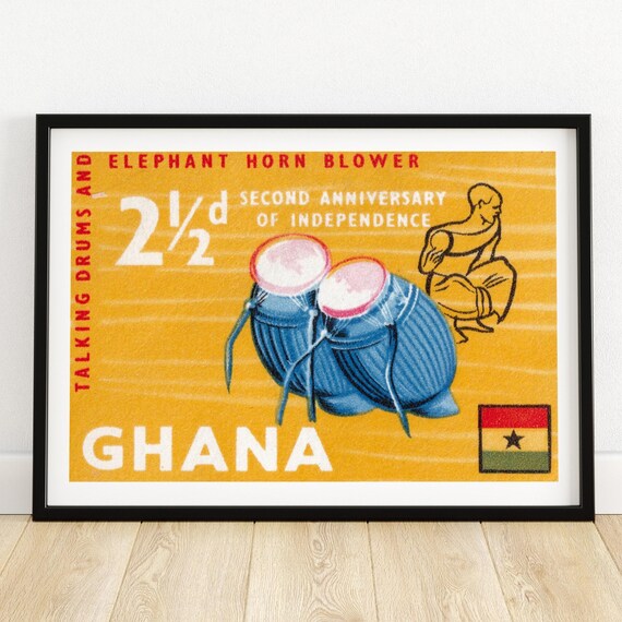 African Drums Blue Vintage Ghana Art Postage Stamp Print Aesthetic Wall Art Postage Stamp Wall Poster Vintage African Art