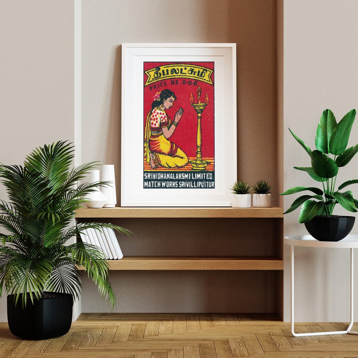 Indian Woman Praying with Lamp Vintage Matchbox Label Art Poster - Image 2