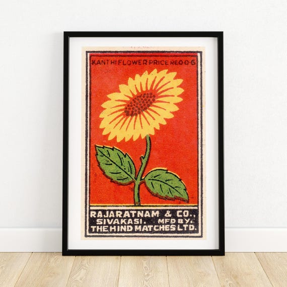 Sunflower Matchbox Art Print Vintage Indian Graphic Design Retro Wall Decor Bold Red And Yellow Floral Illustration A4