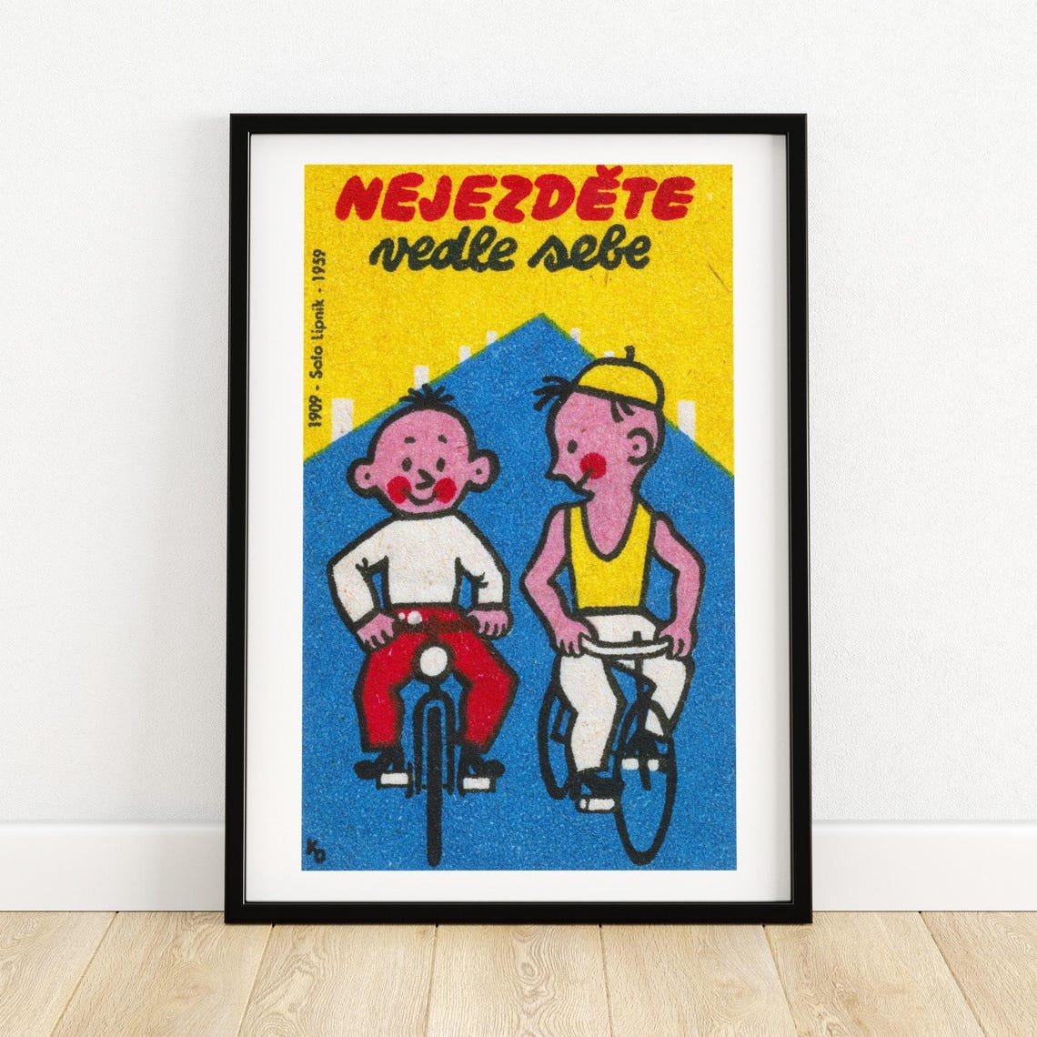 Nejezděte Vedle Sebe 1959 Cartoon Cyclists Solo Lipník Label Poster