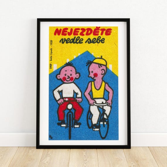 Two Boys Cycling Matchbox Print Czech Wall Art Vintage Czech Art Matchbox Wall Poster Vintage Poster Print