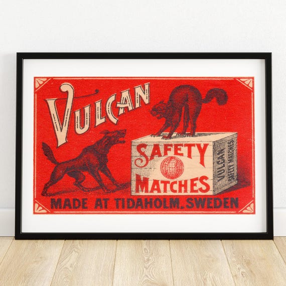 Vulcan Safety Matches Art Print Vintage Swedish Advertisement Red And Black Wall Decor Unique Gift For Collectors A4