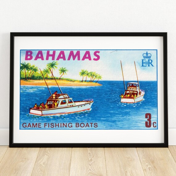 Tropical Fishing Boats Vintage Bahamas Art Postage Stamp Print Aesthetic Wall Art Postage Stamp Wall Poster Vintage African Art