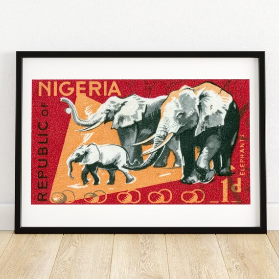 Nigeria Elephant Herd Vintage Postage Stamp African Wildlife Art Poster