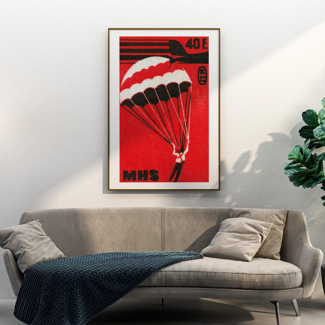 Bold Red Parachutist Jumping Vintage Matchbox Label Art Poster - Image 3
