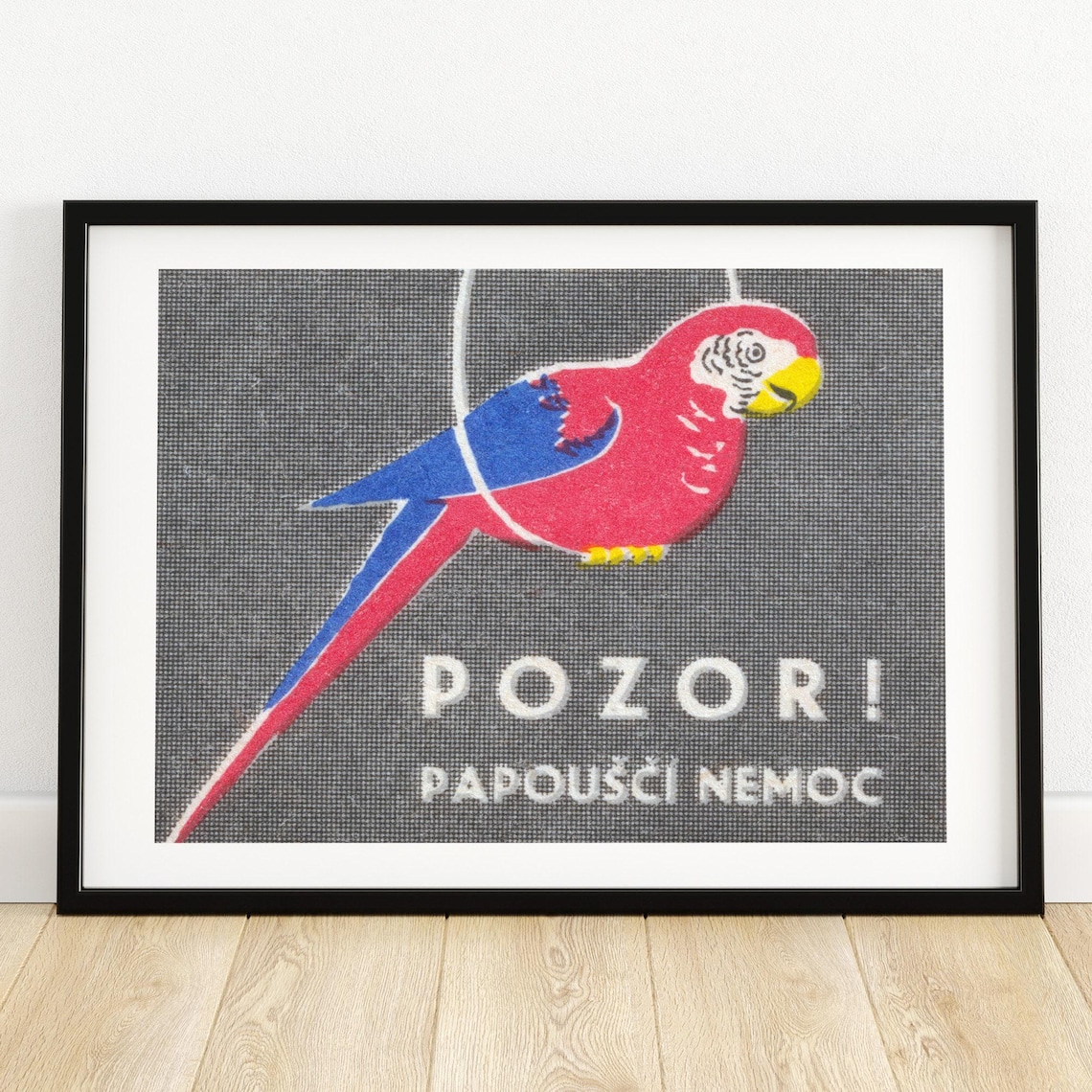 Pozor Parrot Disease Czech Vintage Matchbox Bird Art Poster Gray