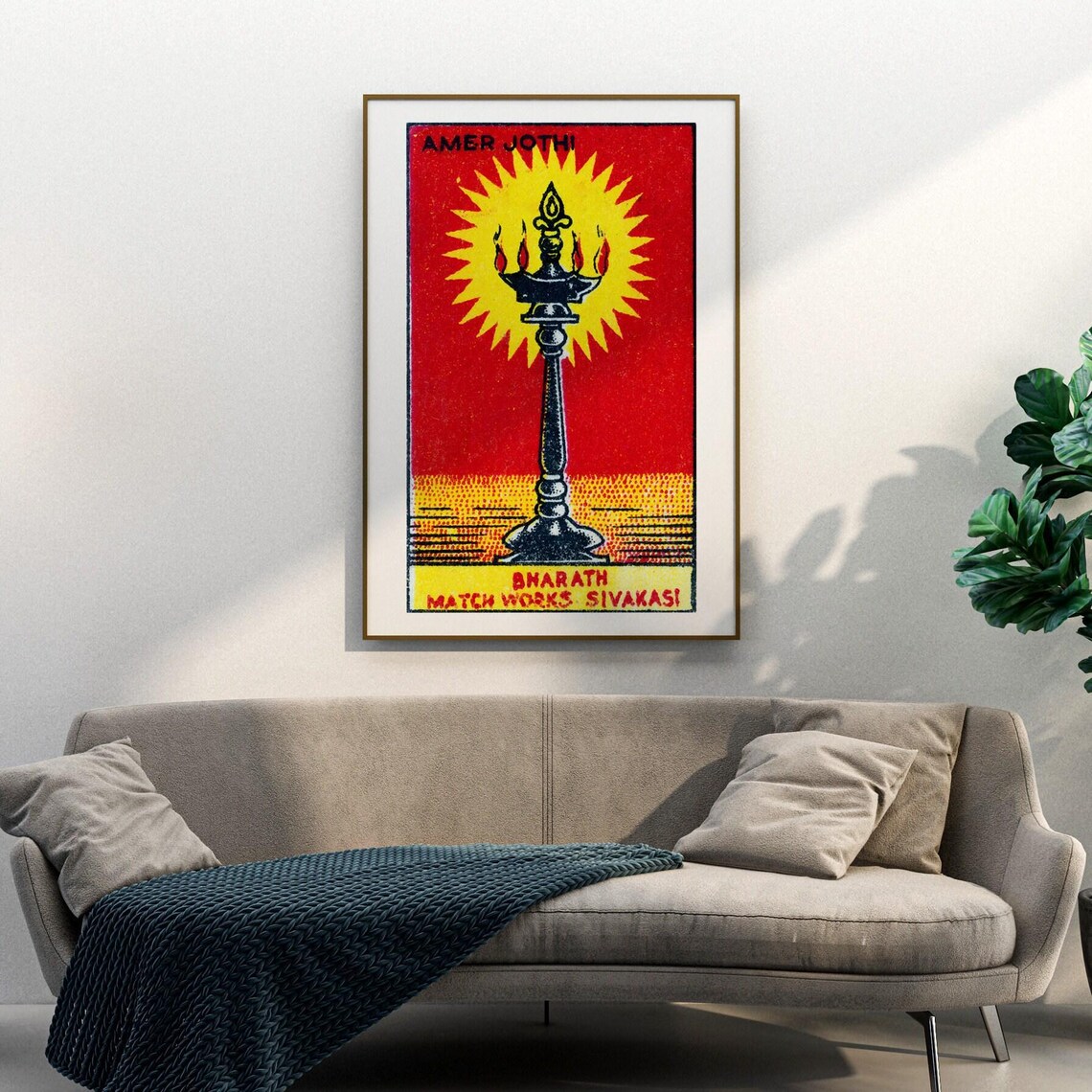 Amer Jothi Oil Lamp Sunburst Indian Matchbox Vintage Art Poster - Image 3