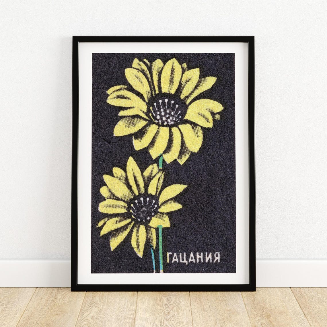 Gazania Yellow Flowers On Black Russian Matchbox Label Poster
