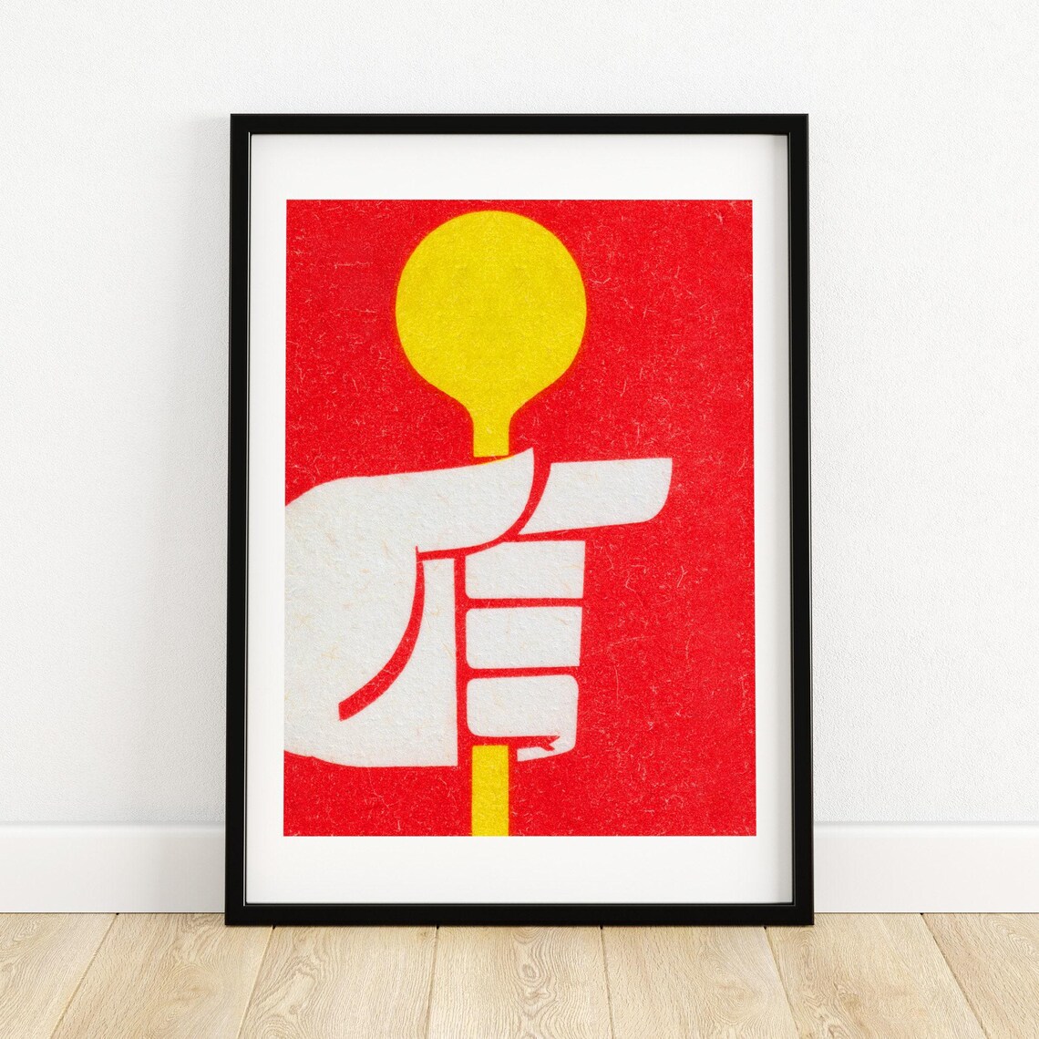 Yellow Spoon Hand Red Background Vintage Matchbox Label Poster