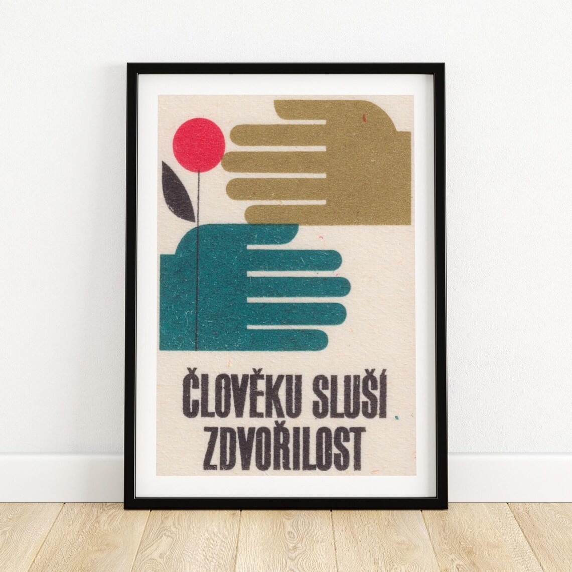 Hand Passing Red Flower Matchbox Vintage Czech Poster