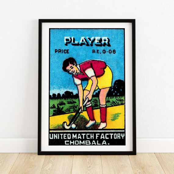 Hockey Player Matchbox Print Aesthetic Wall Art Vintage India Art Matchbox Wall Poster Vintage Poster Print