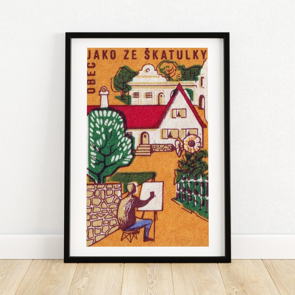 Village Painter Easel Czech Vintage Matchbox Label Art Poster