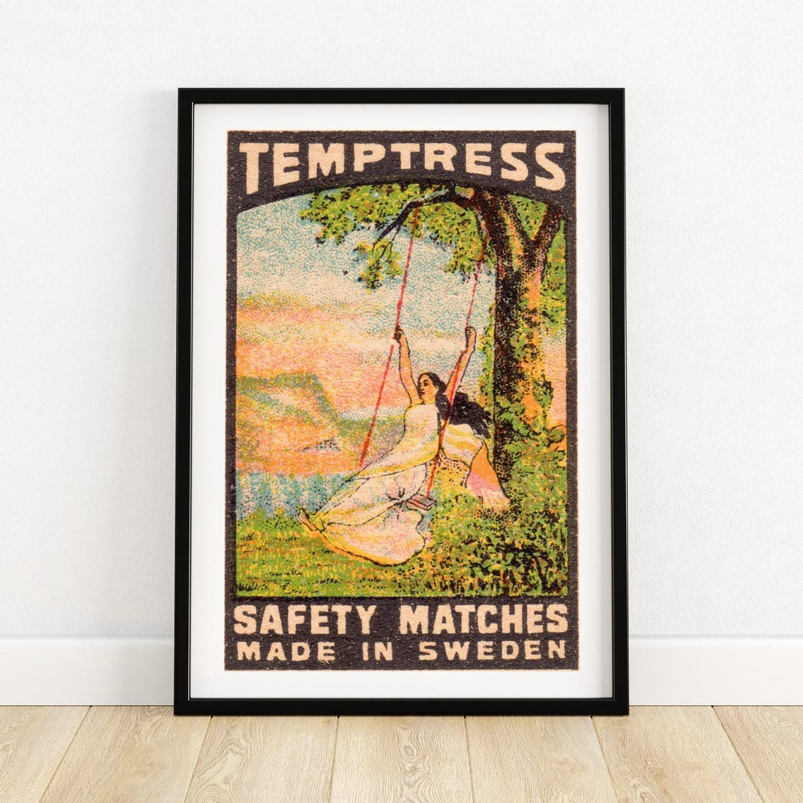 Temptress Woman on Swing Sunset Lake Swedish Matchbox Poster
