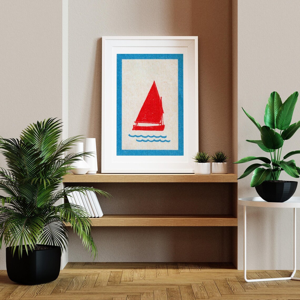 Red Sailboat Blue Waves Minimalist Vintage Matchbox Style Art Poster - Image 2