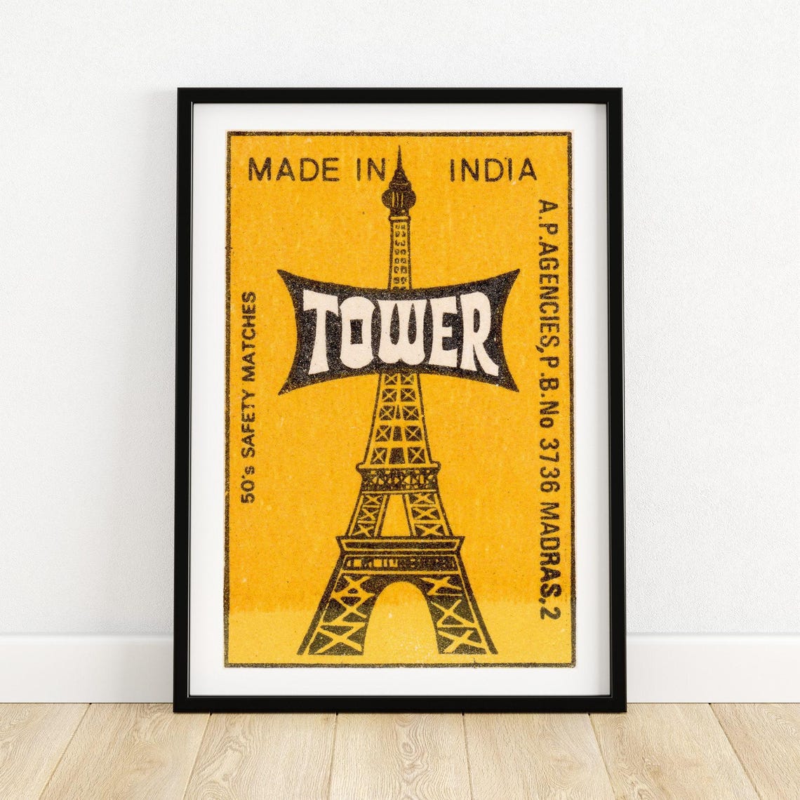 Tower Eiffel Tower Indian 1950s Safety Matches Yellow Label Art Poster