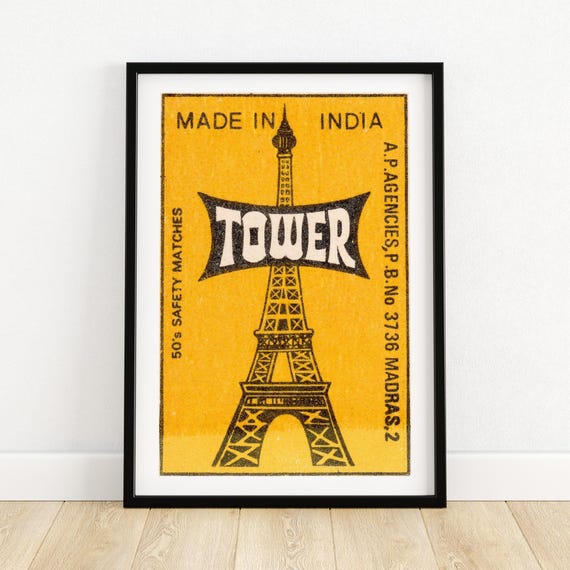 Eiffel Tower Matchbox Art Print Vintage Indian Design Retro Collectible Decor Unique Wall Art Mid Century Modern Style A4