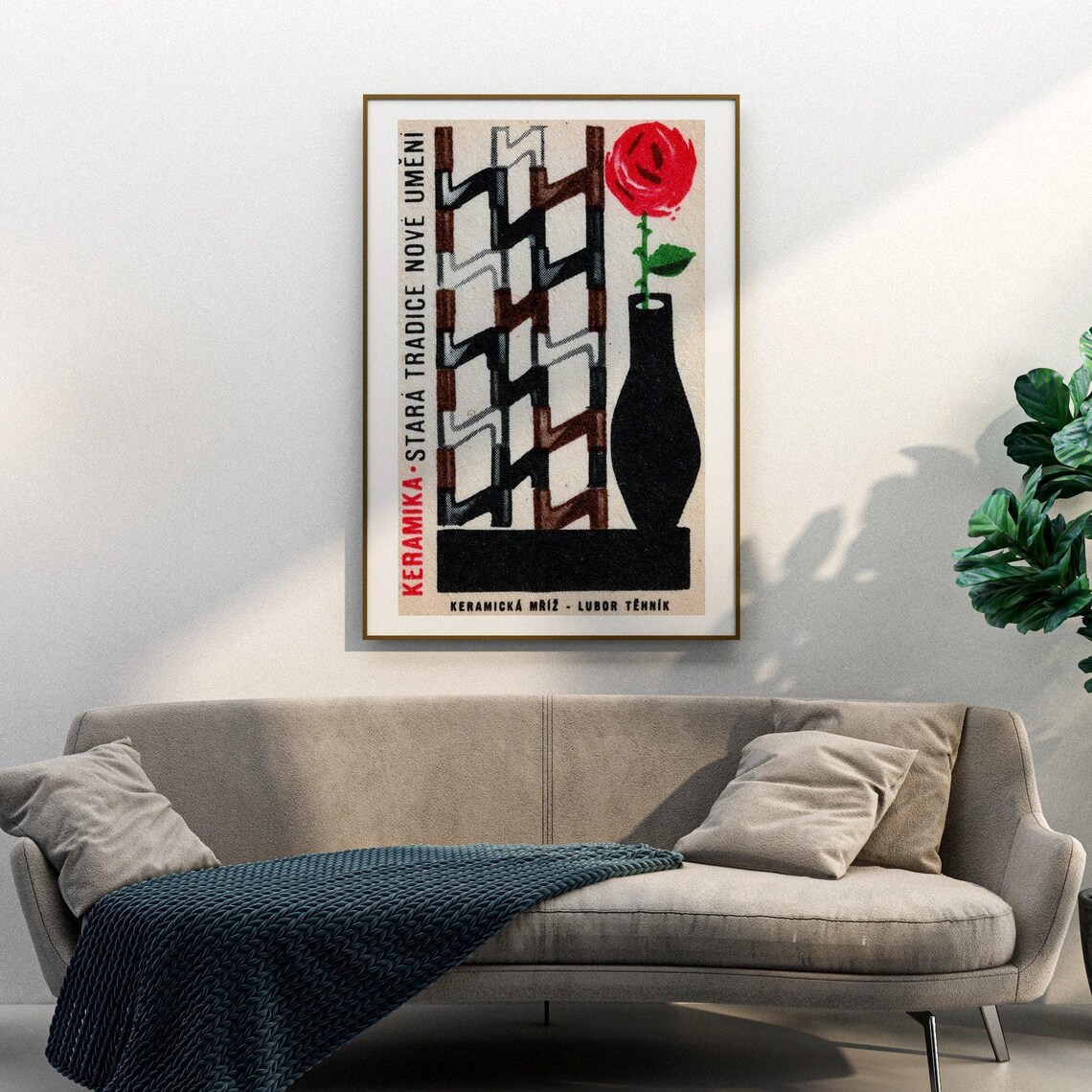 Czech Ceramics Red Rose Black Vase Tile Design Vintage Poster Art - Image 3