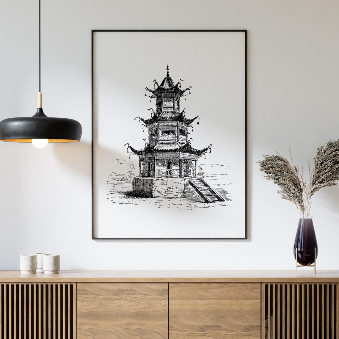Three Tiered Pagoda Temple Black White Engraving Architecture Poster - Image 4