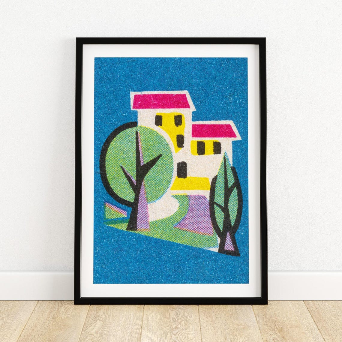 Yellow House Red Roofs Tree Blue Vintage Matchbox Art Poster