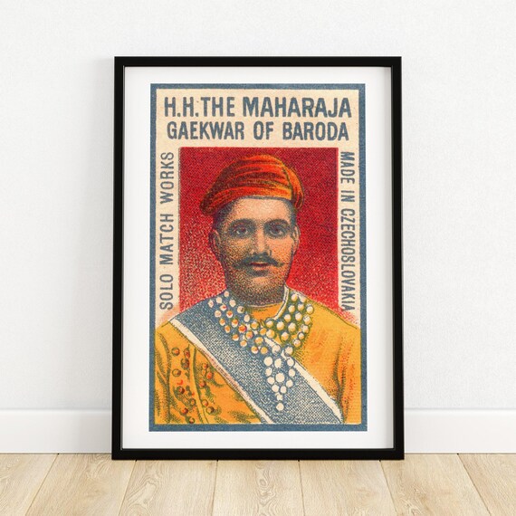 Maharaja Gaekwar Of Baroda Art Print Czech Matchbox Label Design Vintage Maharaja Portrait Decor Unique Indian Collectible Wall Art A4