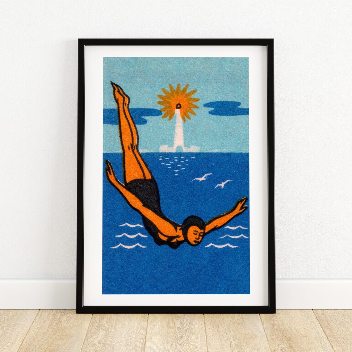 The Diver Lighthouse Sun Blue Vintage Matchbox Art Poster Sea