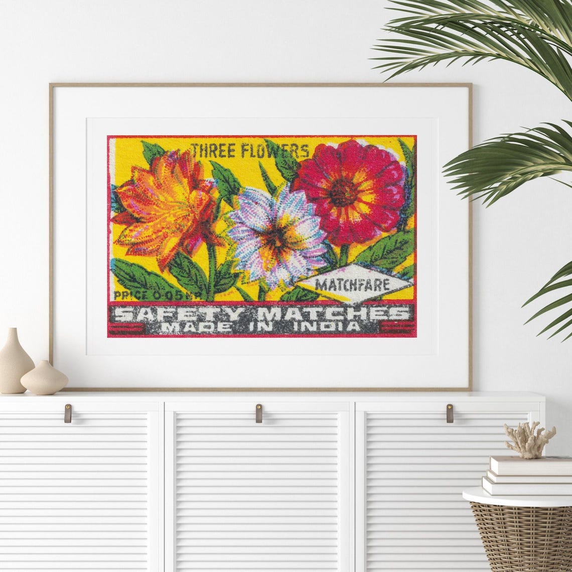 Three Flowers Indian Safety Matches Vintage Floral Label Wall Art - Image 2