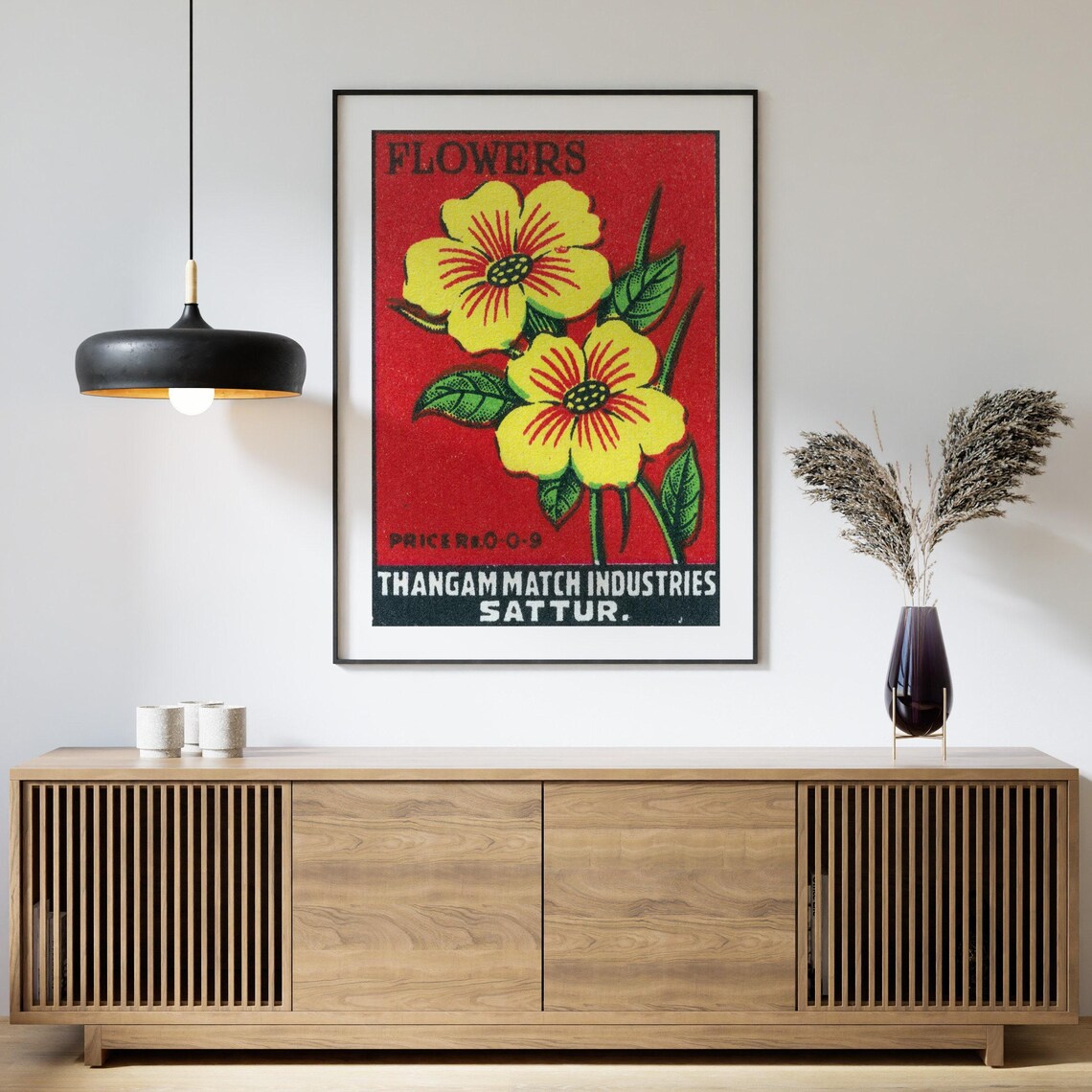 Yellow Flowers Matchbox Print, Vintage India Poster