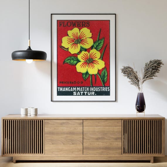 Yellow Flowers Matchbox Print, Vintage India Poster