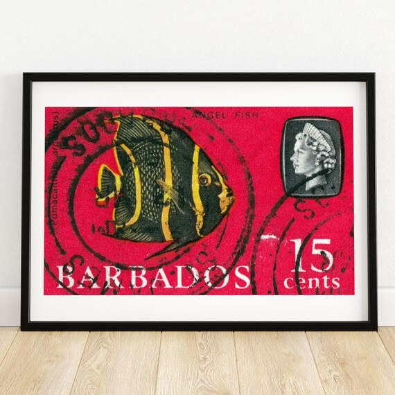 Yellow And Black Fish Barbados Postage Stamp Print Aesthetic Wall Art Postage Stamp Wall Poster Vintage Poster Print