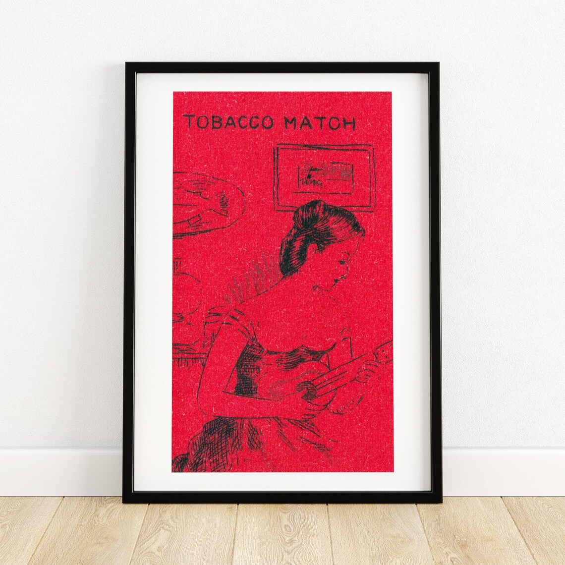 Woman Playing Guitar Red Tobacco Match Label Vintage Art Poster