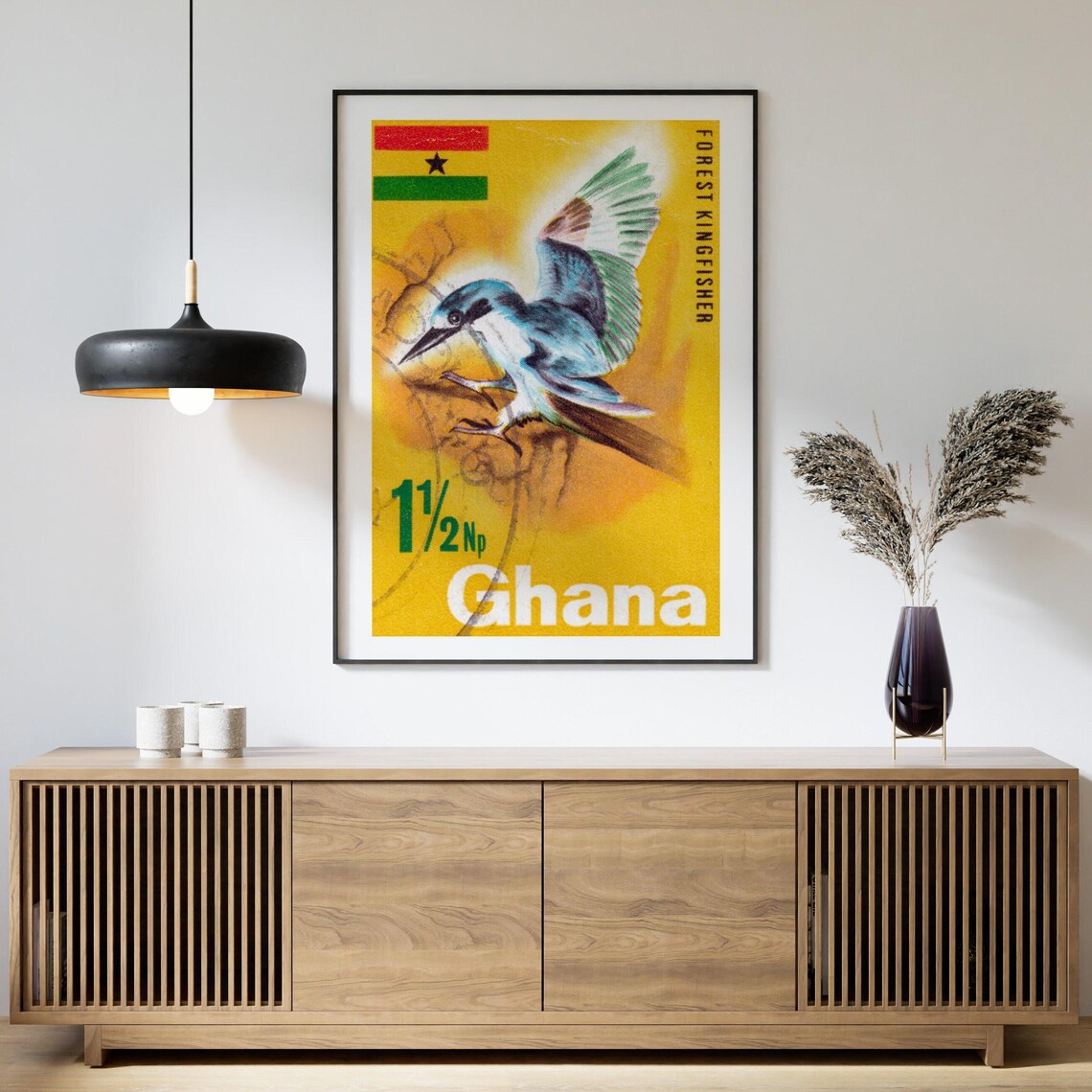 Ghana Forest Kingfisher 1 1/2 Np Vintage Bird Stamp Art Poster - Image 4