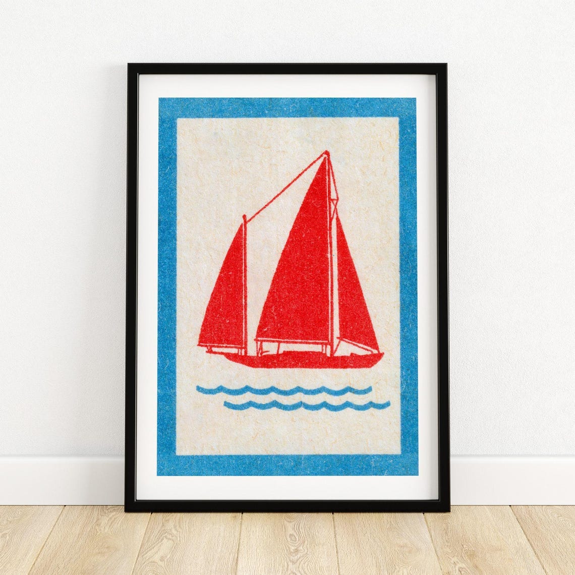 Red Sails Yacht Blue Border Vintage Matchbox Style Nautical Art Poster
