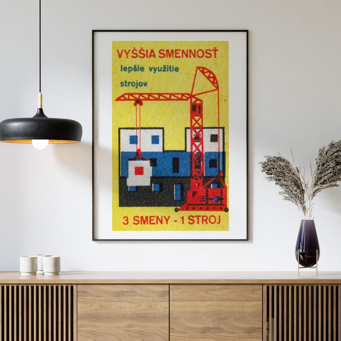 Red Construction Crane Slovak Shift Work Matchbox Label Art Poster - Image 4
