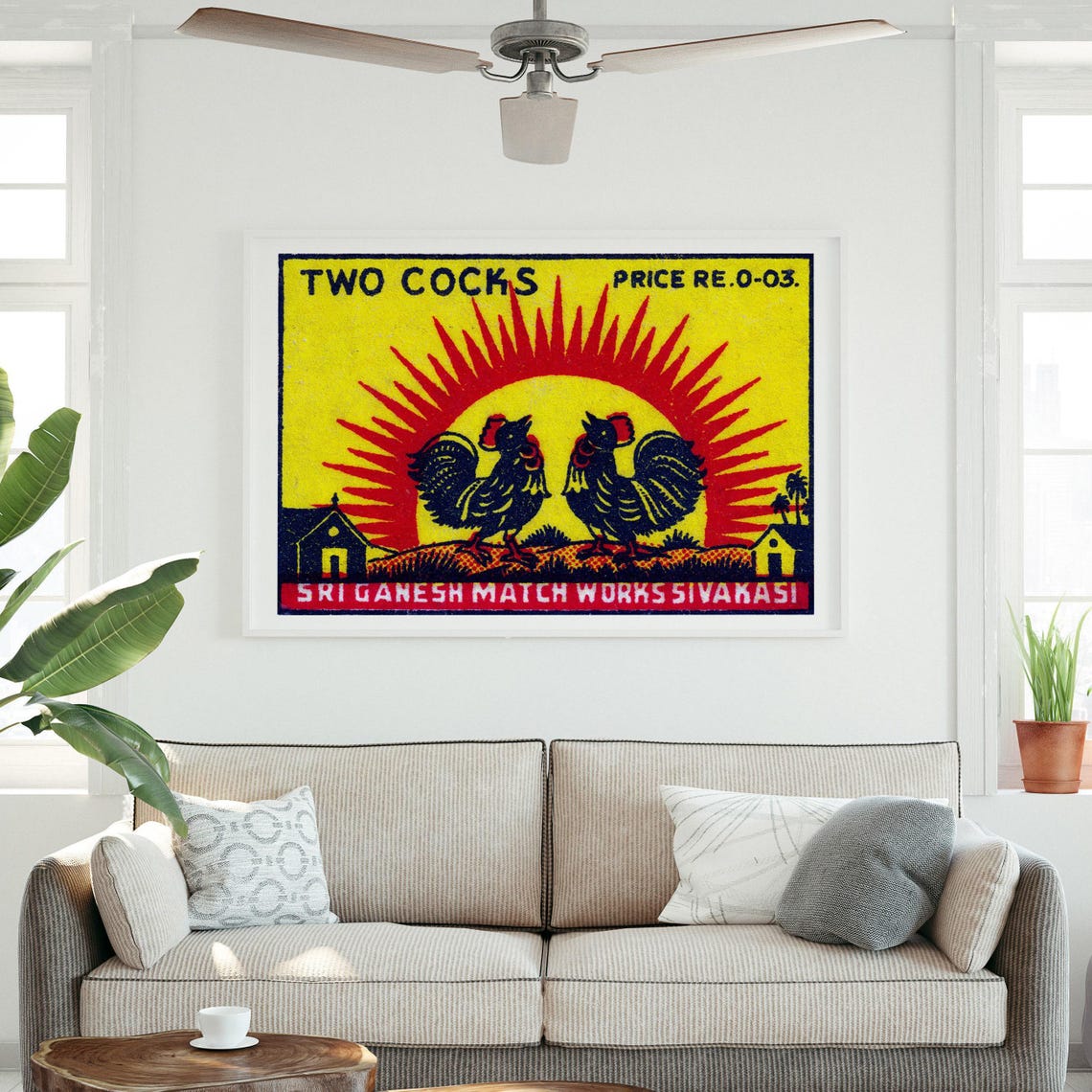 Two Cocks Roosters Blazing Sunrise Vintage India Match Label Poster - Image 3