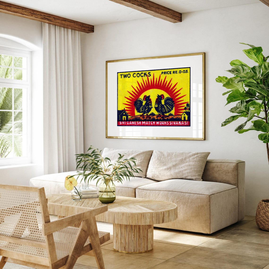 Two Cocks Roosters Blazing Sunrise Vintage India Match Label Poster - Image 4