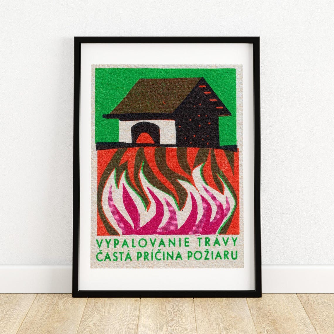Slovak Grass Fire Warning Burning House Vintage Matchbox Label Poster