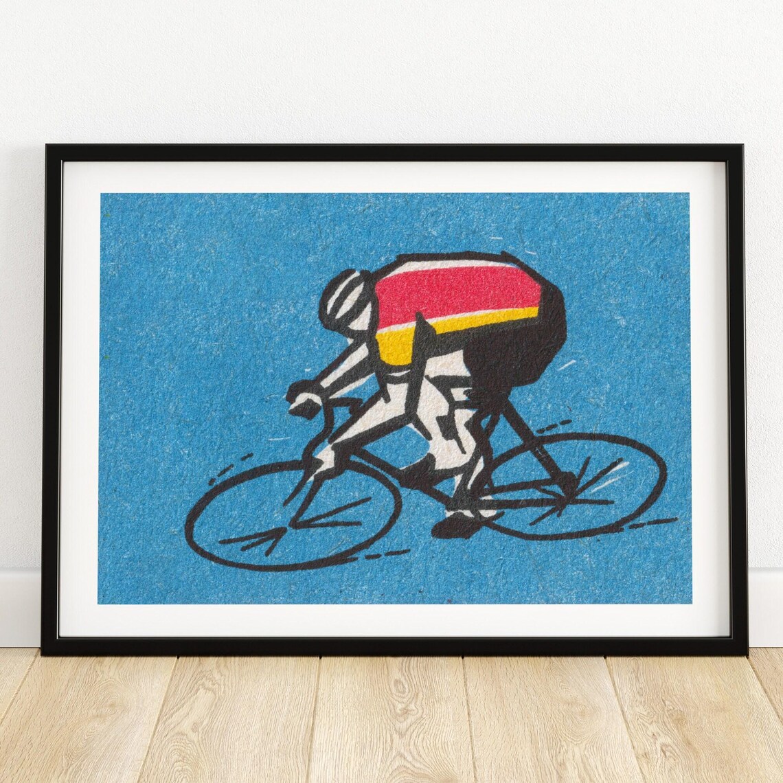 Road Cyclist in Red Jersey Blue Vintage Matchbox Art Poster Race