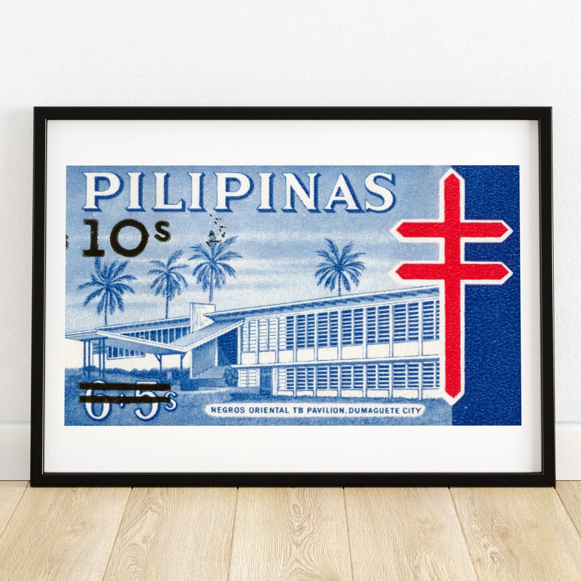 Pilipinas Dumaguete TB Pavilion Red Cross Palm Trees Stamp Poster