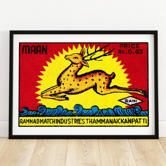 Maan Leaping Stag Indian Safety Matches Vintage Deer Matchbox Poster