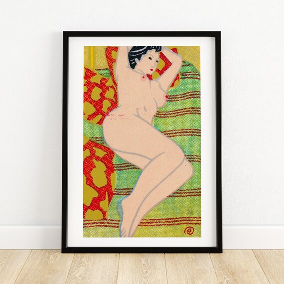 Reclining Nude Woman Colorful Retro Figurative Matchbox Art Poster