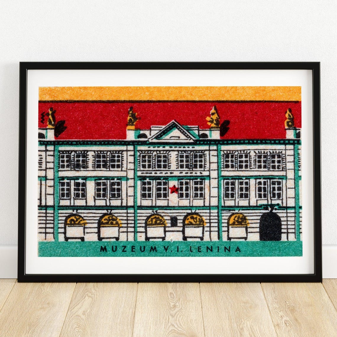 V I Lenin Museum Building Red Roof Vintage Czech Label Poster