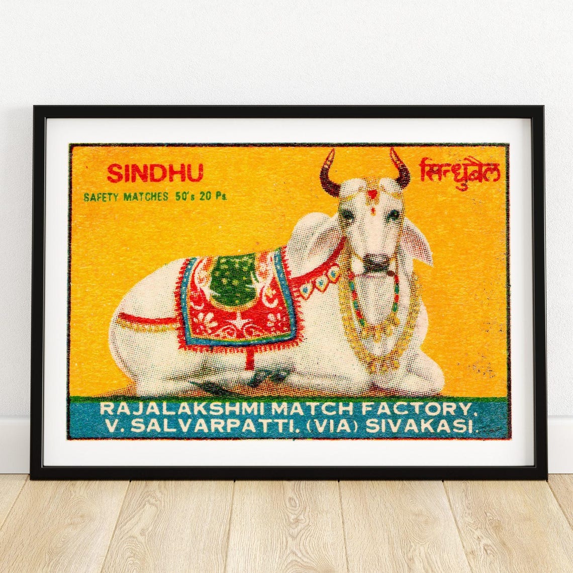 Sindhu Decorated White Cow Vintage Indian Matchbox Label Art Poster